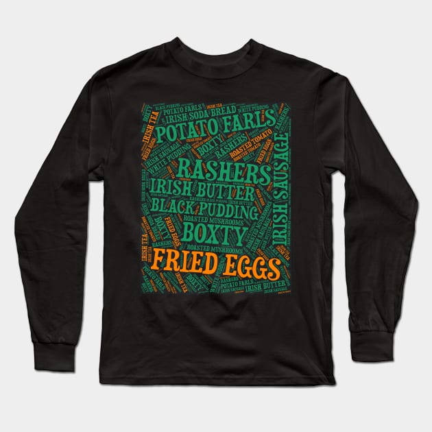 Irish Breakfast Foods Word Cloud Ireland Flag Colors Long Sleeve T-Shirt by BubbleMench